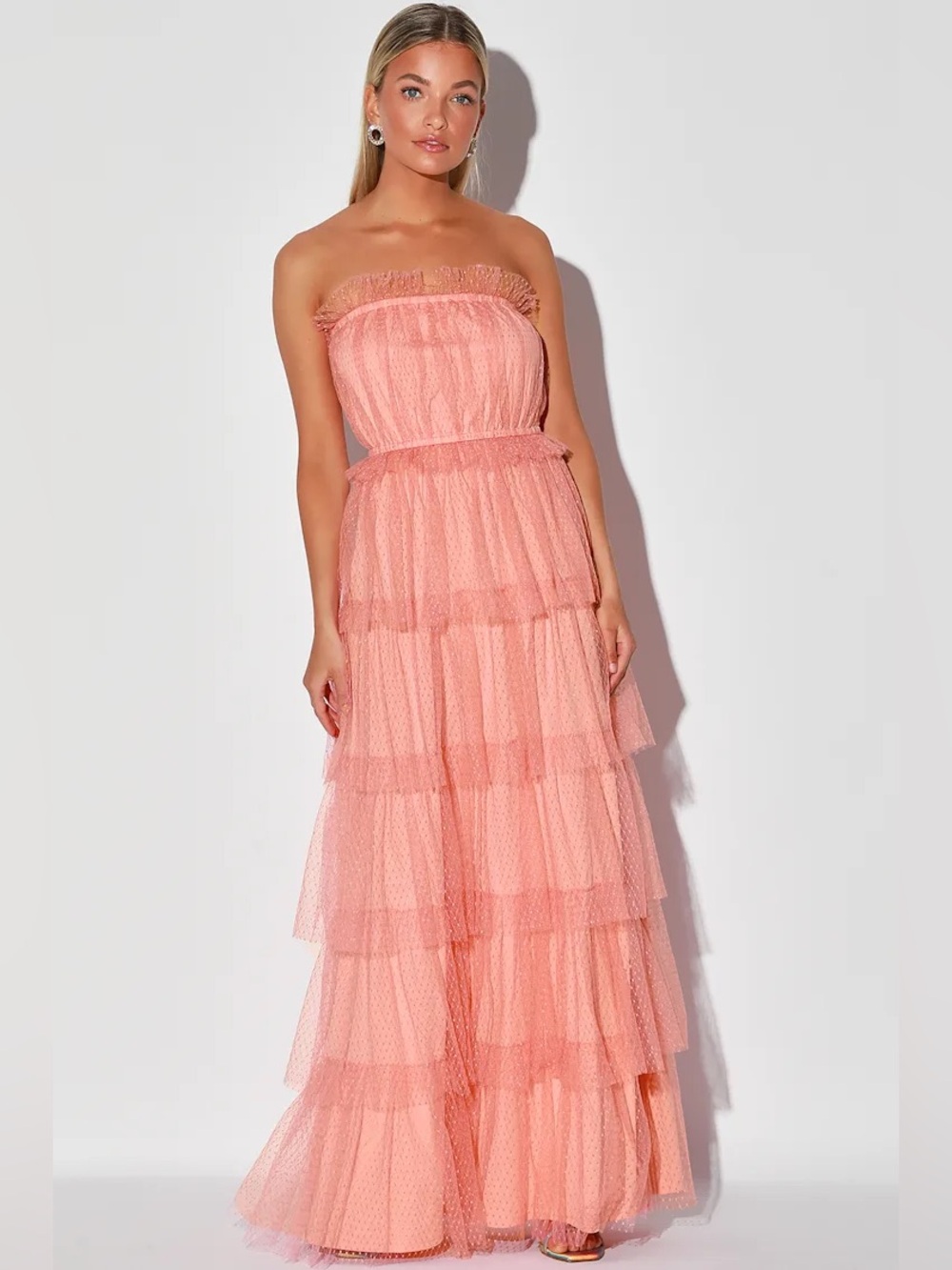 Lulu's Tier For A Good Time Strapless Tiered Tulle Maxi Dress in Coral